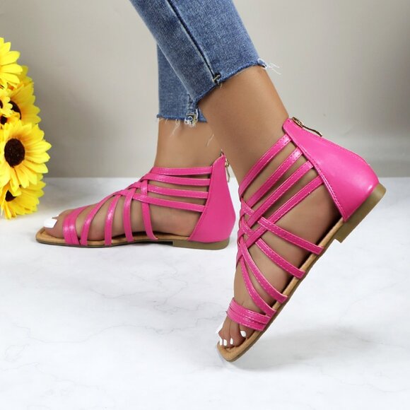 Women's Roman Gladiator Muliti Straped Back Zip Design Flat Heel Sandals Pink - Picture 3 of 6